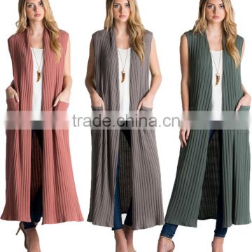 Stylish Girls Sweater Cardigan Wholesale OEM Fashion Sleeveless Spring Long Full Length Side Slipt Ribbed Ladies Sexy Vest