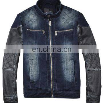 lastest design mens spring denim varisty jacket with leather sleeves