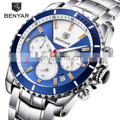 BENYAR BY-5128M Men'sFashion&Casual Watch Japan Quartz Movement Stainless Steel Band Business Watch Auto Date