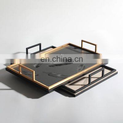 hot-sell modern hotel feather pattern decoration rectangular luxury leather tray with gold handle