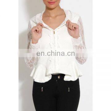 White Hooded Peplum Jacket/womens lapel jacket/clothing supplier china/wholesale lastest apparel model-cp355