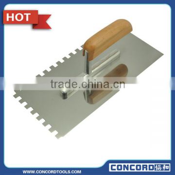 Plastering trowel with wooden handle, stainless steel blade,notched