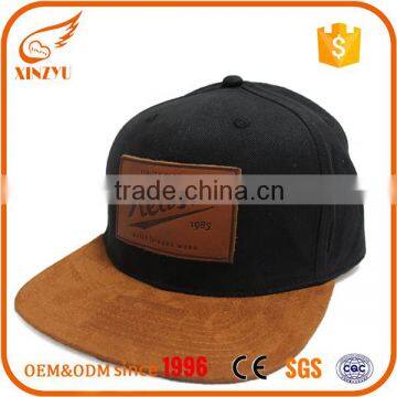 Custom 6 panel cotton fashion black leather snapback hat wholesale