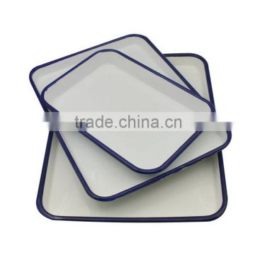 GRS white square enamel tray with blue rim