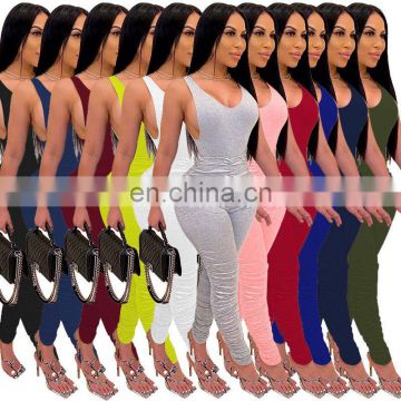 Women Sleeveless Backless Bodycon Workout Ruched Hot Outfits Bodysuit And Stacked Pants Two Piece Sets