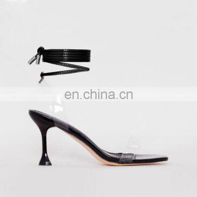 Simple black color lace up design women high heel sandals heels shoes