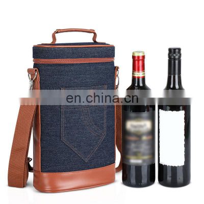 Reusable Custom Blue Denim Cooler Bag Luxury Picnic Leather Bottle 2 Pc Wine Carrier