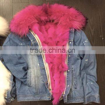 Myfur Light Blue Jeans Parka Jacket with Rose Fur Lining And Collar