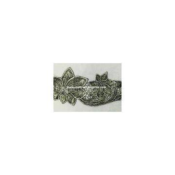 Silver Antique Machine Embroidery Lace Trim With Metallic Foil Print