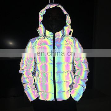 Winter dazzling reflective color cotton padded hoodie jacket for men and women
