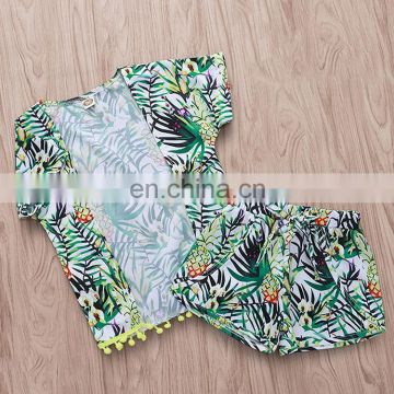 2019 summer girls palm leaf pineapple cardigan tops t shirt & shorts 2pc short sleeve kids cardigan set