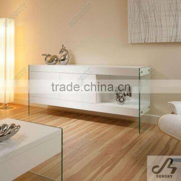 modern white sideboard with glass legs