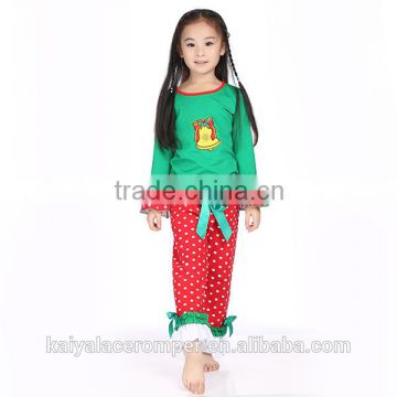 2015 baby girls jingle bell applique top and red polk dot pants set,christmas outfits for kids