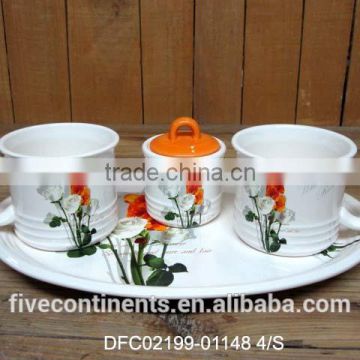 chinese ink decal ceramic 2 cups and sugar jar with a oval tray breakfast set cups