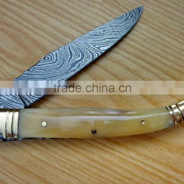 A MARVELOUS WHITE HORN HANDLE, HANDMADE DAMASCUS STEEL LAGUIOLE KNIFE
