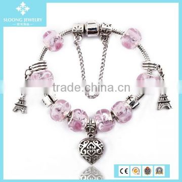 Low Price Fashion Lucky Pink beads Eiffel Tower Charm Bracelet Jewelry 2015
