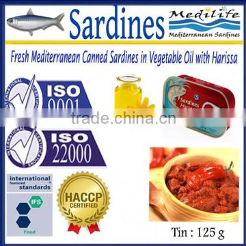 Fresh Mediteranean Canned Sardines inVegetable Oil with Harissa,High Quality Sardines,Sardines in cans with Harissa125g