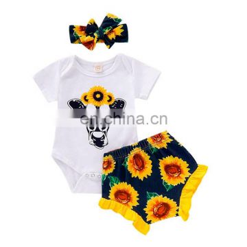 2019 New style wholesale girls clothing sets baby outfit infant floral prints romper sunflower clothes set