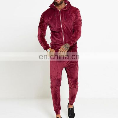 yihao top quality mens wine velvet biker ribbed padding skinny fit flannel tracksuit