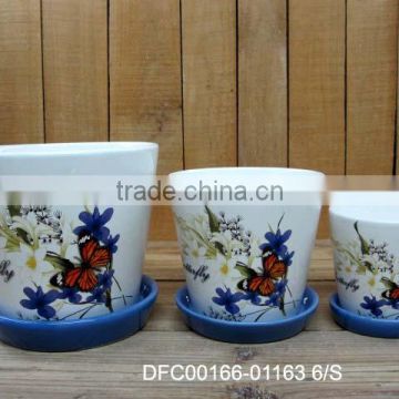 Butterfly and Flower Decal Ceramic Flower Planters Pots with Blue Tray for Garden