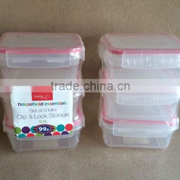 Set of 3 plastic mini clip lock storage containers Rect. 0.2L TG10907