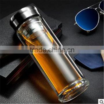 Spill-proof Strong Double Wall Glass Tea Tumbler /water bottle (Travel Mug) with Strainer And flat top lid 320ML
