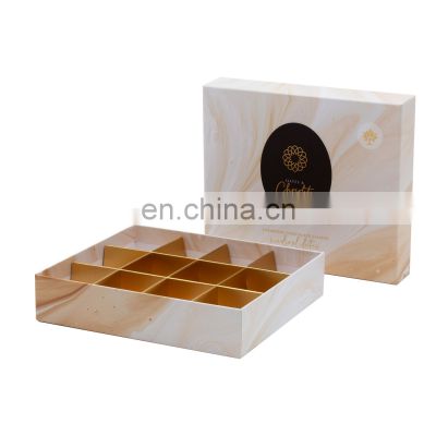 Marble printing with custom logo hat box square gift packaging with ribbon bow and foil paper insert for exquisite truffles