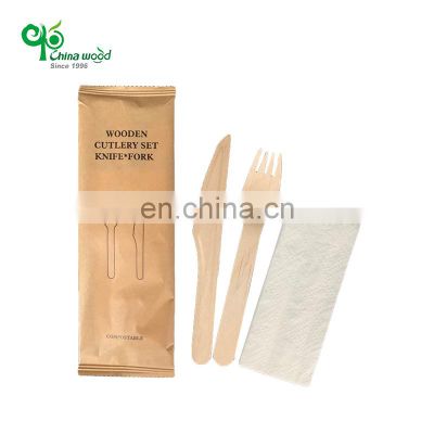 Yada Chinawood Biodegradable Disposable Food Birch Wood Individual Cutlery Set Package Knife Fork and Spoon Set