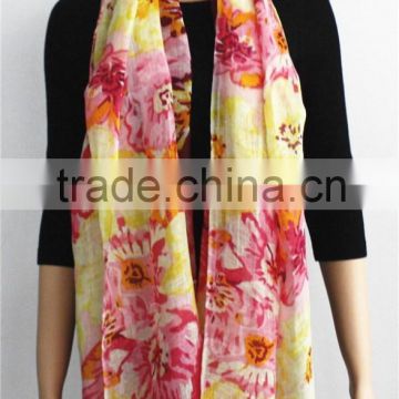 Floral Print Cotton and Linen Blended Scarf
