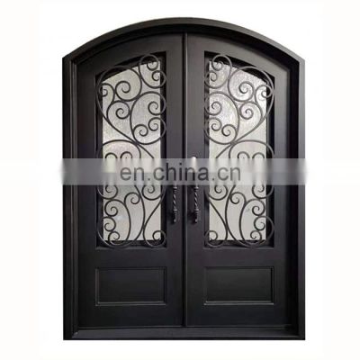 luxury security steel entry double decorative glass modern french arched eyebrow top design exterior wrought iron doors for sale
