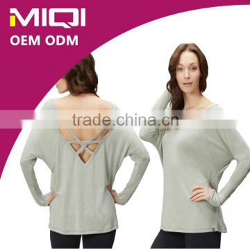 Fashion sexy design open back women loose fit fitness long sleeve shirt