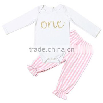 online sales infants baby autumn soft cotton sets 2 pieces white top and pink stripe ruffle pants outfits for 0-24months baby