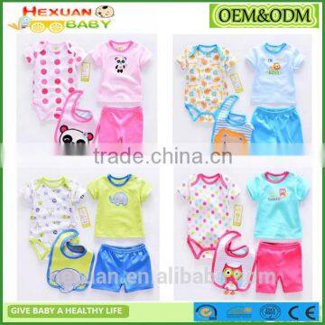 OEM factory or stocked designs 4pcs/set 100% cottonbaby romper set matching with baby bibs and socks