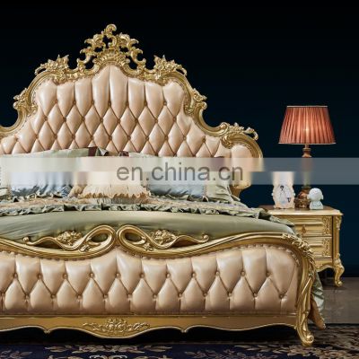 Luxury Design Golden Hand Carving King Size Bed/ European Classic Luxury Wood Beds