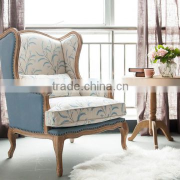 French antique solid oak wood frame fabric upholstered living room chairs with armrests