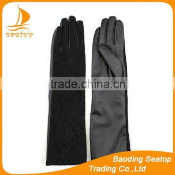 Fashion ladies Black genuine leather long gloves