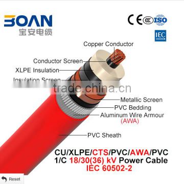 Cu/XLPE/Cts/PVC/Awa/PVC 95mm power cable 18/30Kv 1/C IEC 60502-2