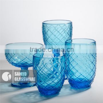 SAMYO handmade home restraunt usage pressed glass patterns with blue color
