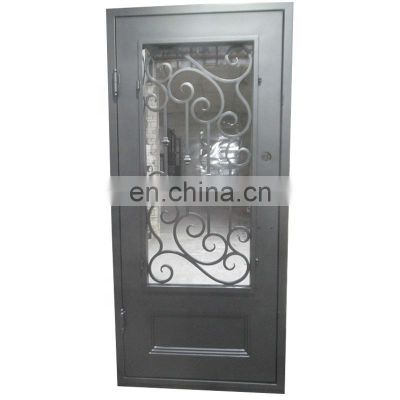 in stock villa metal frame flat top design safety tempered glass single swing wrought iron  entry door with opening window