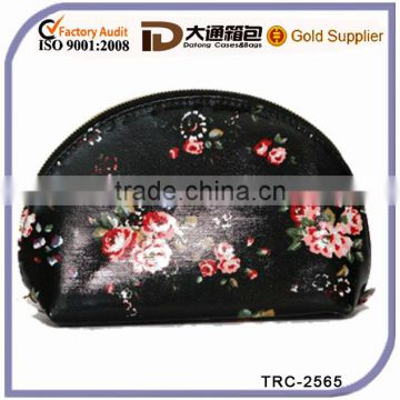 Black pringting flower PU cosmetic bag with interior zipper pocket