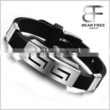 Cool Titanium Stainless Steel Black/Silver Celtic Circumvolute Pattern Cross Bracelet Silicone Wristband Bangle For Men's