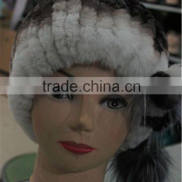 Genuine Rex Rabbit Fur Hat With Silver Fox Fur Balls Winter Cap