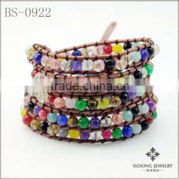 Multicolored Crystal Bead Wrap Bracelet On Brown Leather