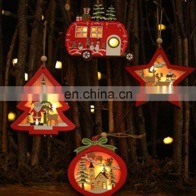 LED Christmas Tree Star car Wooden Pendants Ornaments Xmas DIY Wood Crafts Kids Gift for Home Christmas Party Decorations