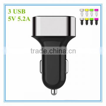 hot sale oem black and white with colorful aluminum ring led 3 port 5v 5.2a mobile phone car charger for iphone