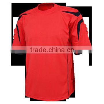 100% Polyester Men's Round Neck T-Shirt Red with Black Panels in Shoulder and Sleeves