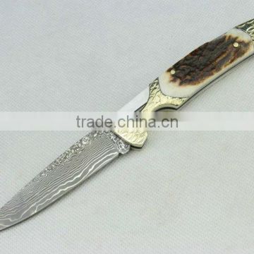 Antler + Brass Handle OEM Damascus Steel Folding Knife Collection Knife Hand Tool UDTEK01304