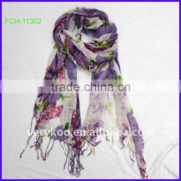 Fashion Purple Flower Cotton Scarf (FCH-11302)