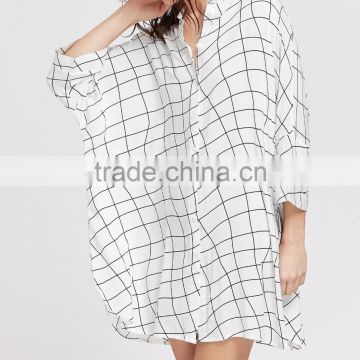 Cotton Linen Black and White Color Women Dress Spring New Long Sleeve Loose Plus Size Bat Sleeve Irregular Shirt Dress