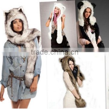 Europe and the United States fashion fake fur hat scarf gloves one animal hat faux fur hat plush cartoon cap red wolf